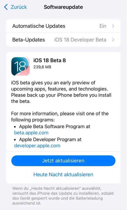 万冲镇苹果手机维修分享苹果 iOS / iPadOS 18 开发者预览版 Beta 8 发布 